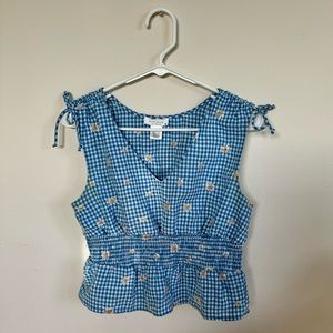 NWOT Kiriois Blue Gingham Daisy Smocked Waist Tank